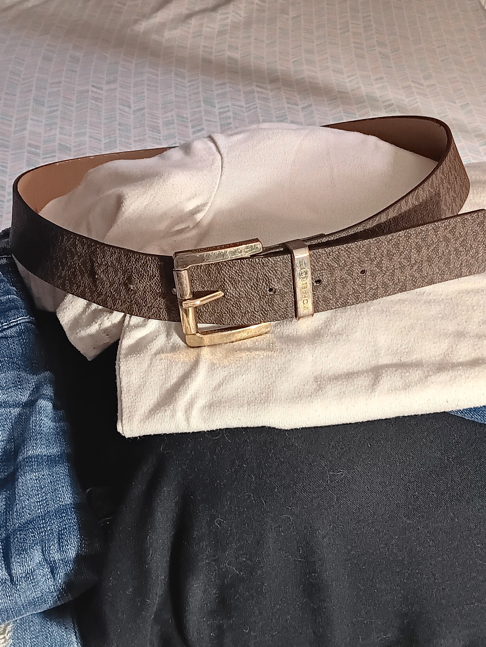 Michael Kors Brown Monogram Leather Belt with Gold Buckle